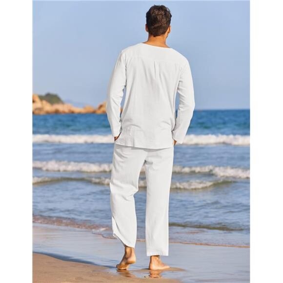 Men's 2 Pieces Cotton Linen Set Henley Shirt Long Sleeve and Casual Beach Pants - Picture 4 of 6